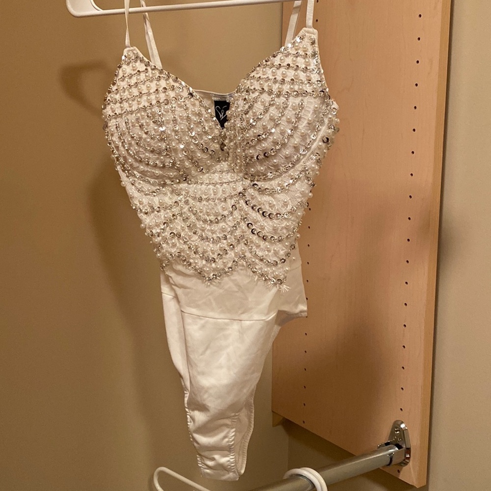 White sequins and pearl bodysuit